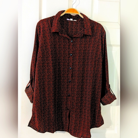 Chevron‎ Print Blouse Roll Tab Sleeve Collared Button Down Tunic Top XXL NWT - Picture 1 of 8